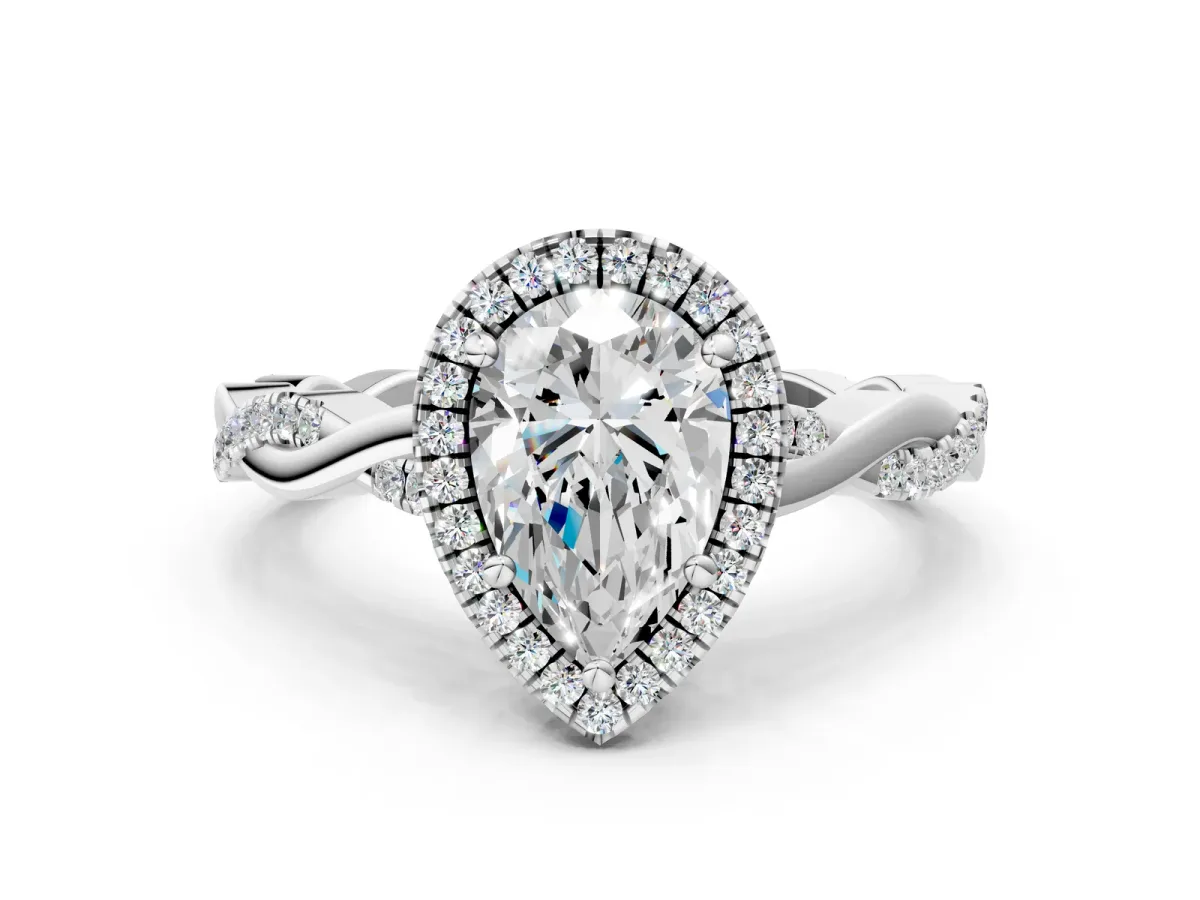 Pear Cut Cut Halo Twisted Band Four-Prong Ring Platinum