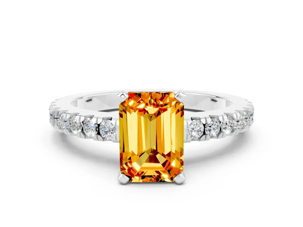 Emerald Cut Solitaire Citrine with Pavé Band and Four-Prong Setting Silver