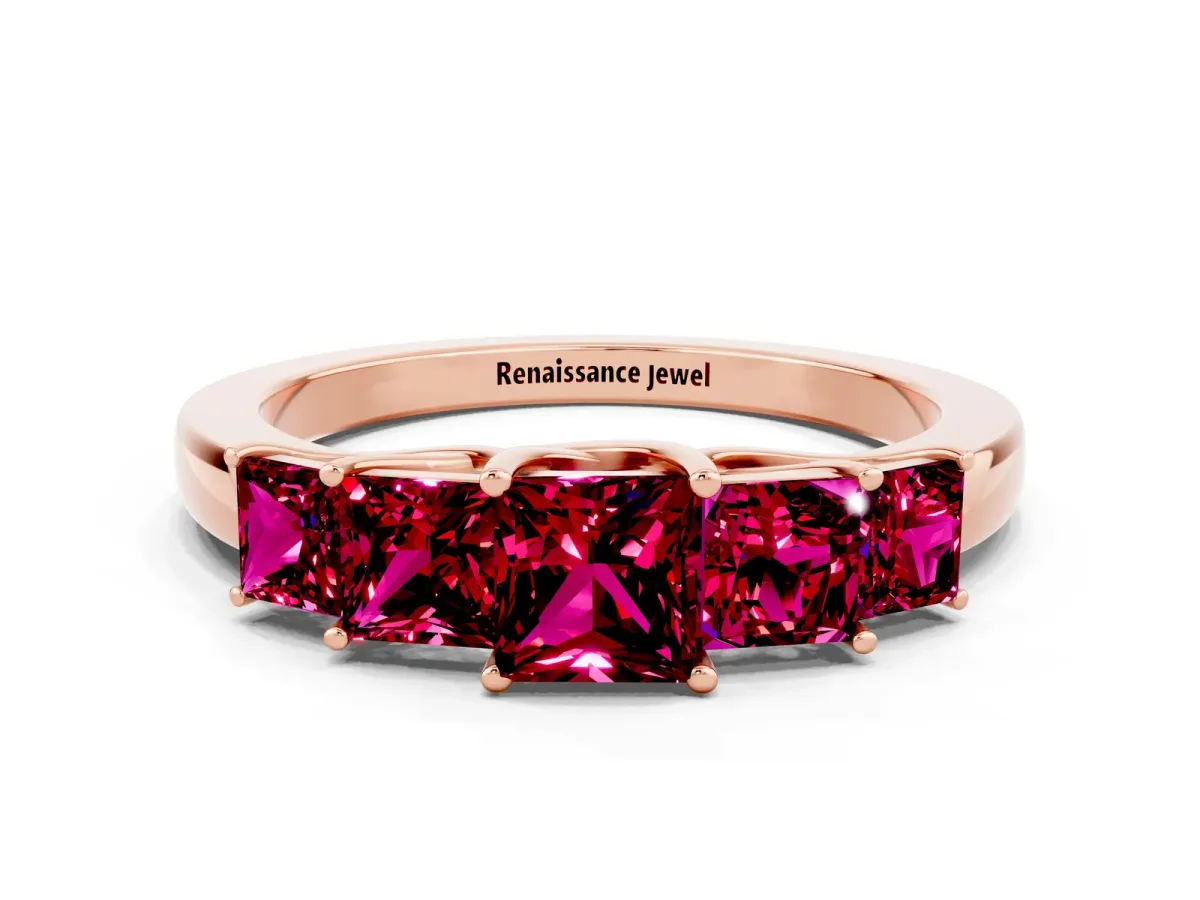 Princess Cut Five-Stone Garnet Ring with Classic Prong Setting Rose gold