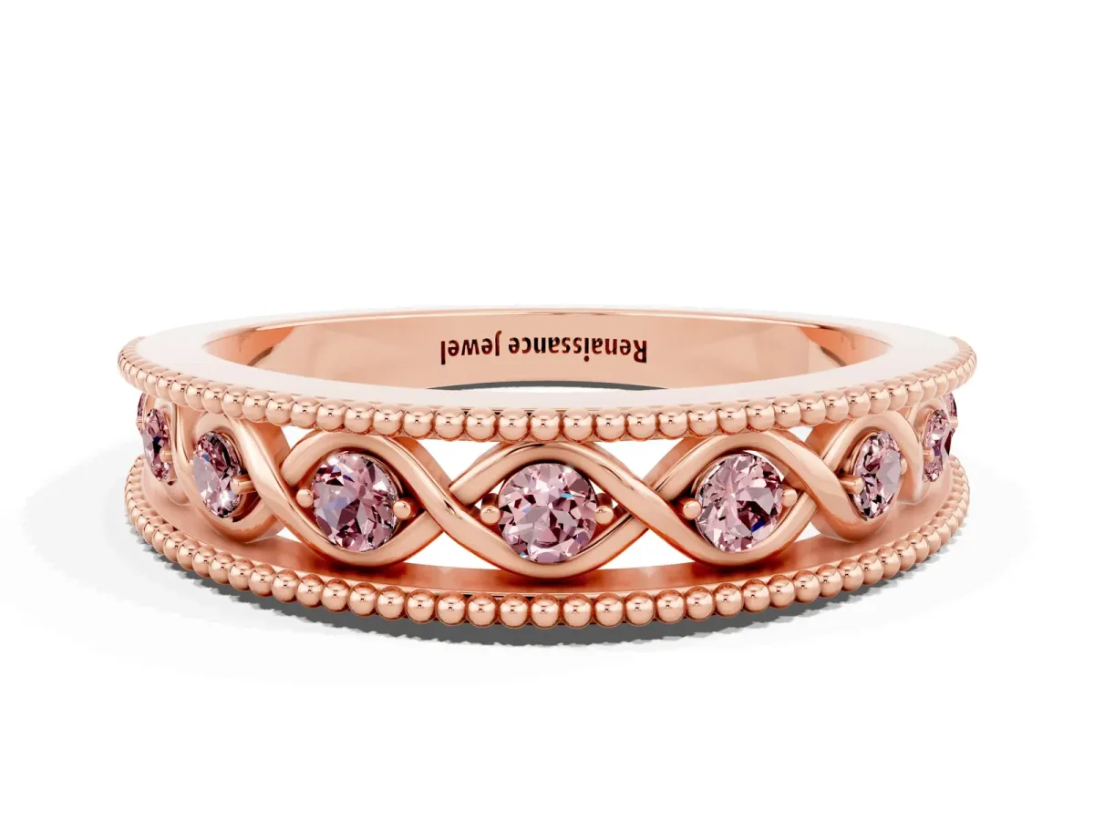 Round Morganite Twist Milgrain Band with Bezel Setting Rose gold