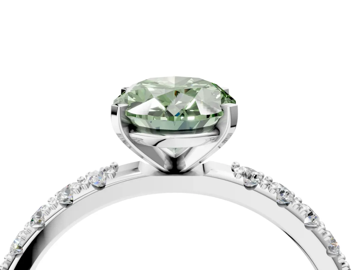 Fancy Green Oval Cut Diamond Solitaire Pavé Band with Four-Prong Setting Platinum