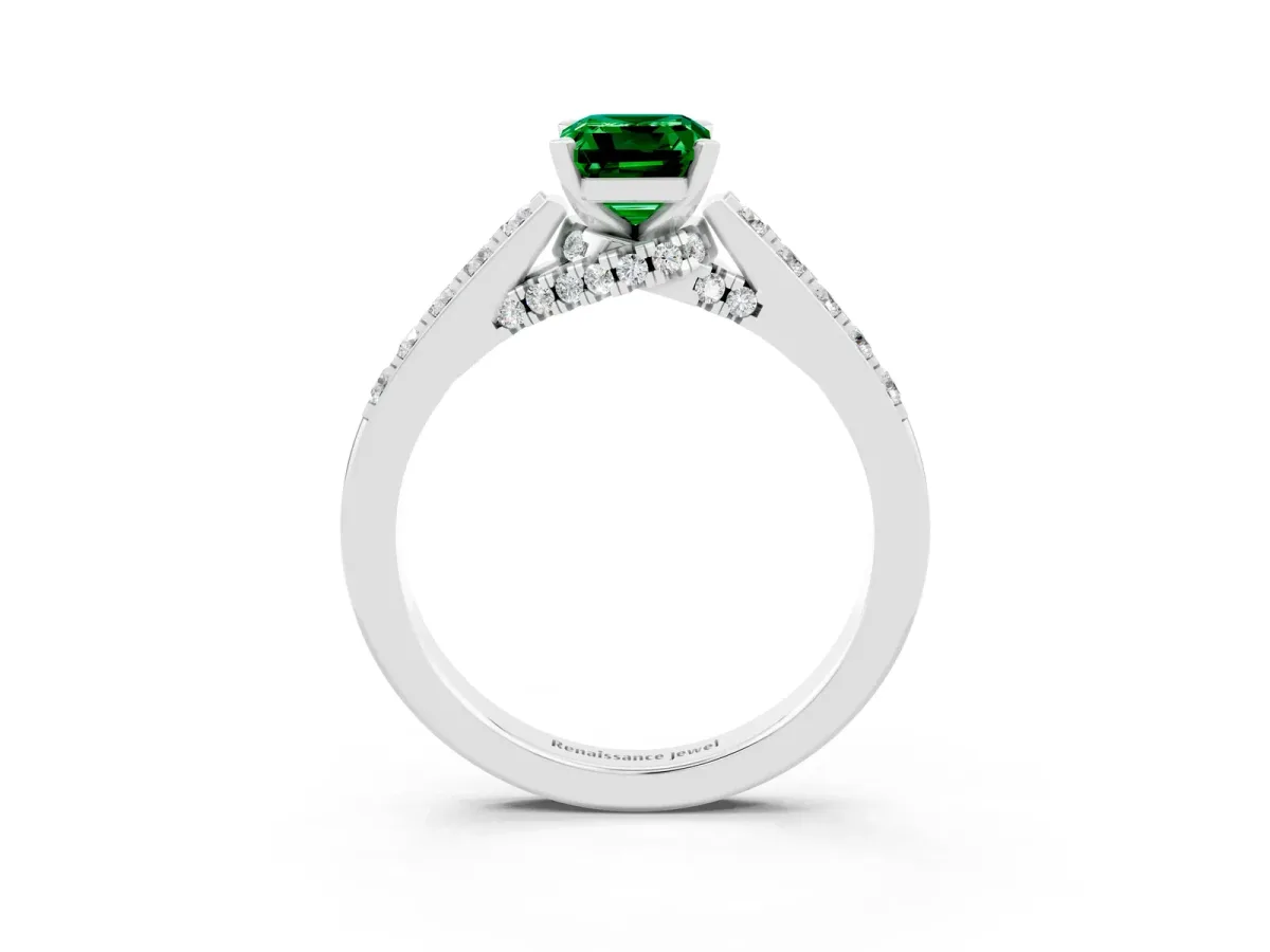 Emerald Cut Emerald Solitaire Ring with Crossover Gallery and Round Pavé Band Silver