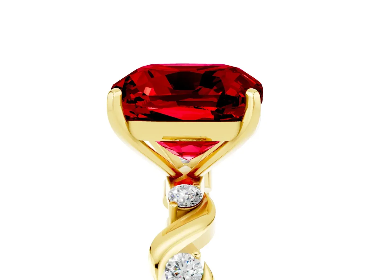 Cushion Cut Ruby Solitaire Twisted Band with Round Accents and Prong Setting Yellow gold