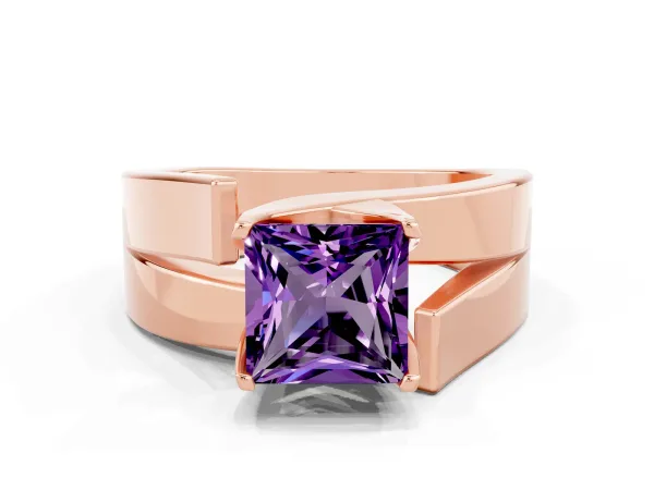 Modern Tension Set Princess Cut Amethyst Solitaire Wide Band Ring Rose gold
