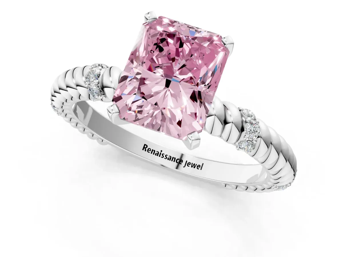 Fancy Pink Radiant Cut Solitaire Twisted Band Prong Set Engagement Ring Silver