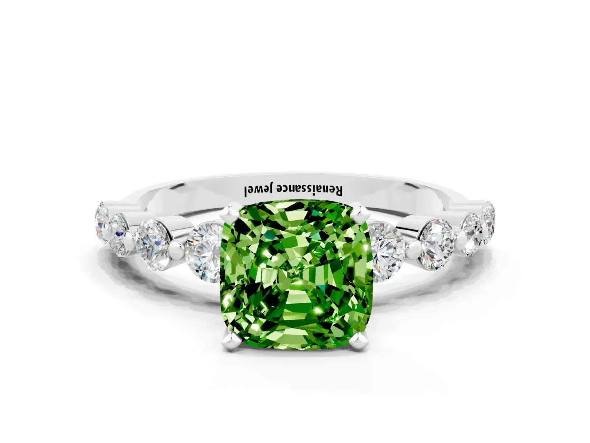 Cushion Cut Solitaire Peridot Ring with Pave Band and Four-Prong Setting Platinum
