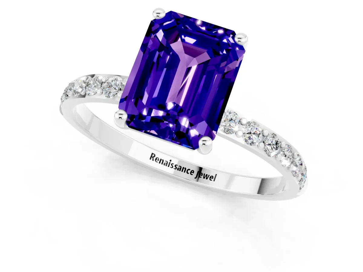 Emerald Cut Tanzanite Solitaire Ring with Round Pavé Band and Prong Setting Platinum