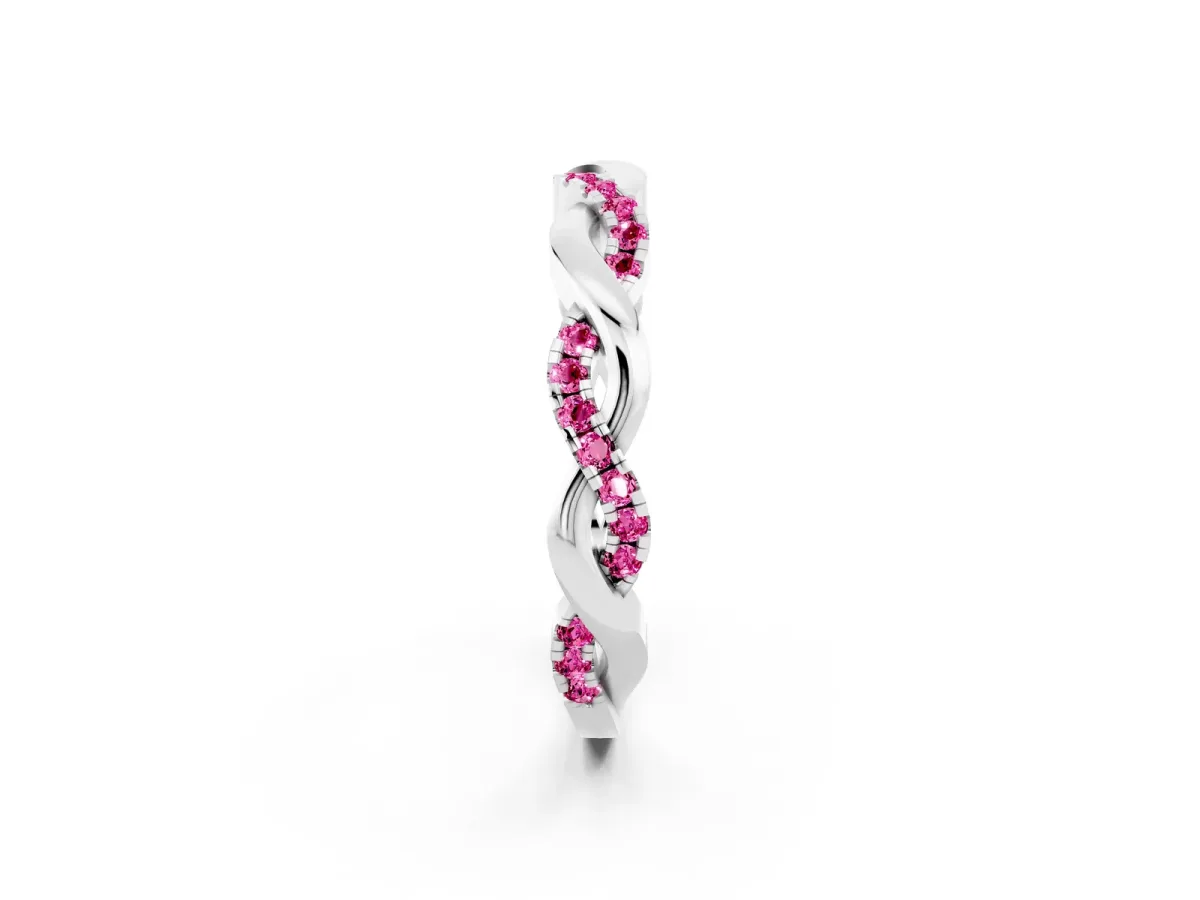 Round Pink Sapphire Twist Eternity Band with Pavé Setting Platinum