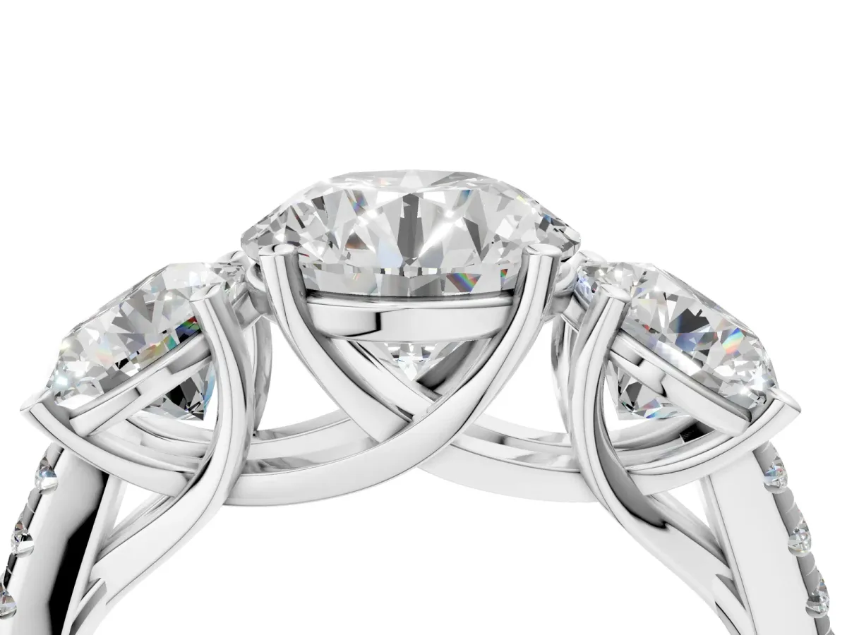Three-Stone Round Cut Diamond Ring with Round Moissanite Pavé Band and Prong Setting Silver