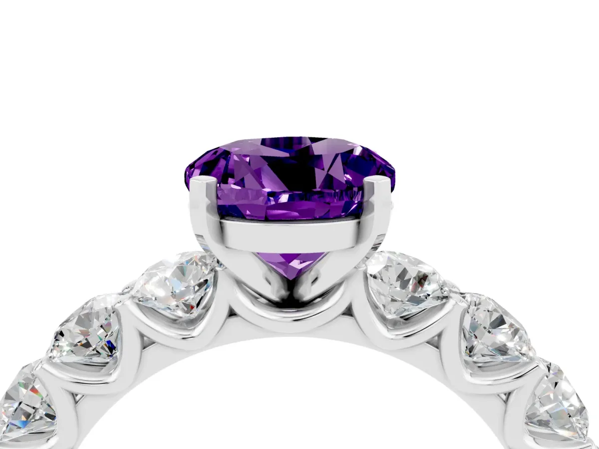Round Cut Amethyst Prong Setting with Side Stones on a Pave Band Silver