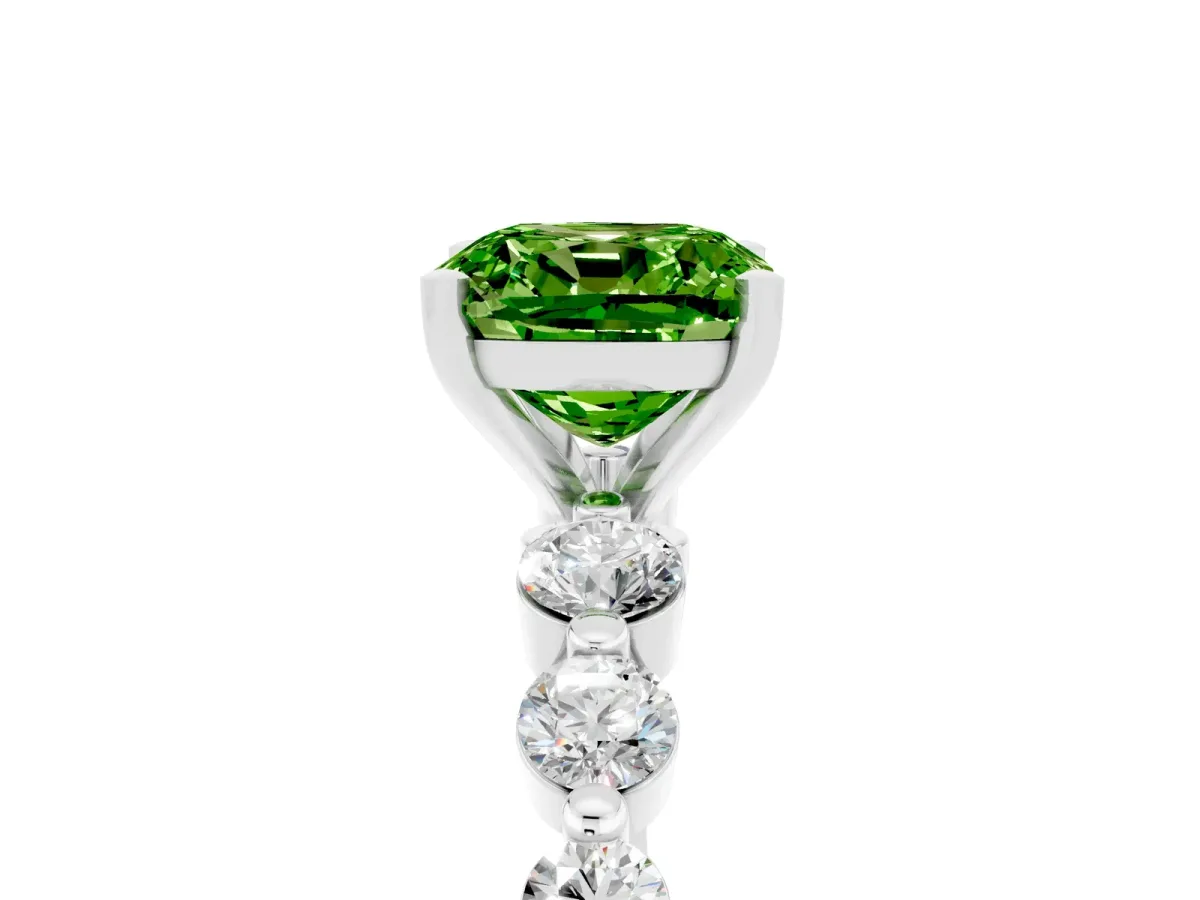 Cushion Cut Solitaire Peridot Ring with Pave Band and Four-Prong Setting Platinum