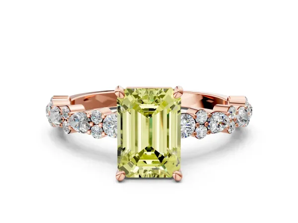Fancy Yellow Emerald Cut Diamond Side Stone Solitaire Ring with Round and Four-Prong Setting Rose gold