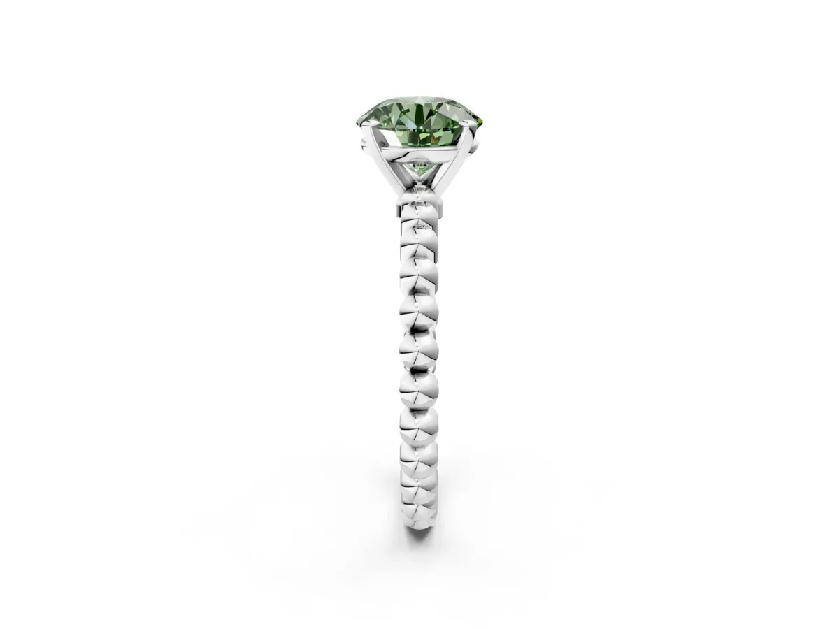 Fancy Green Round Cut Diamond Solitaire Ring with Beaded Band and Prong Setting Silver