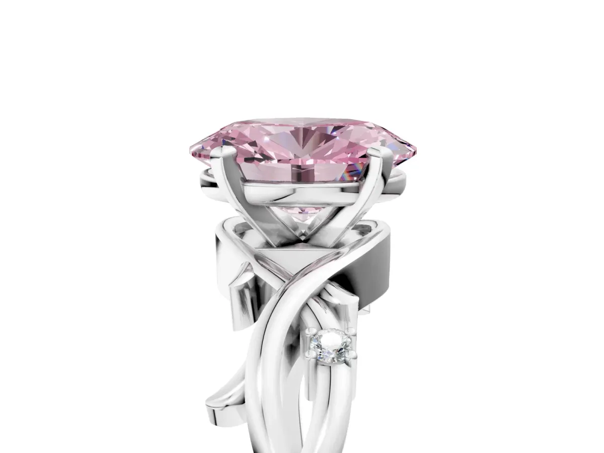 Fancy Pink Oval Cut Diamond Solitaire Ring with Twisted Band and Prong Setting Silver