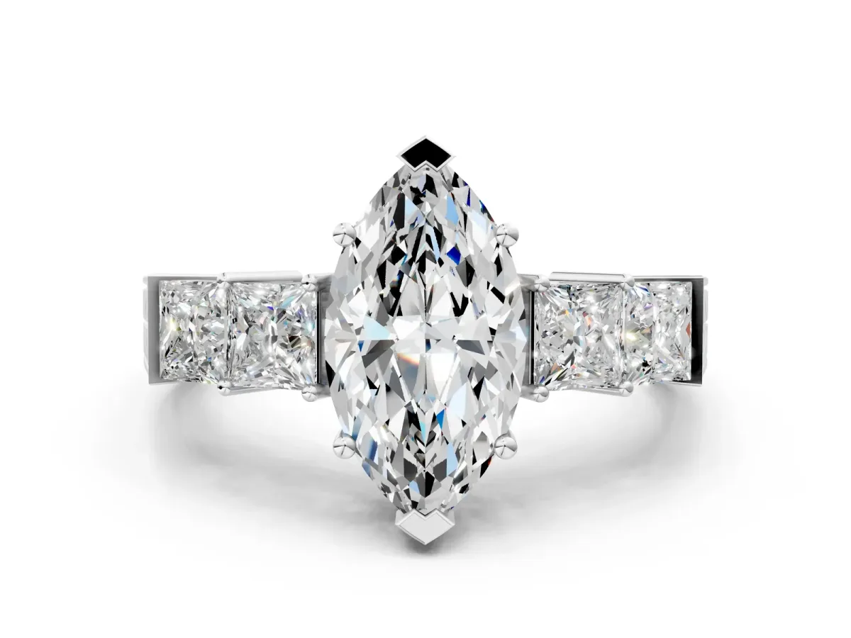 Marquise Cut Solitaire Princess Side Stone Engraved Band Prong Setting Ring Silver