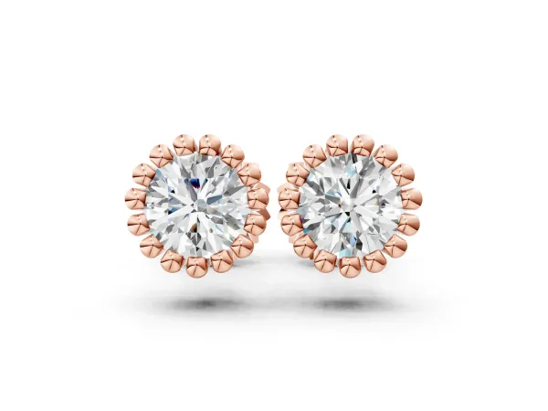 Round Diamond Flower Halo Stud Earrings with Petal Prong Setting Rose gold