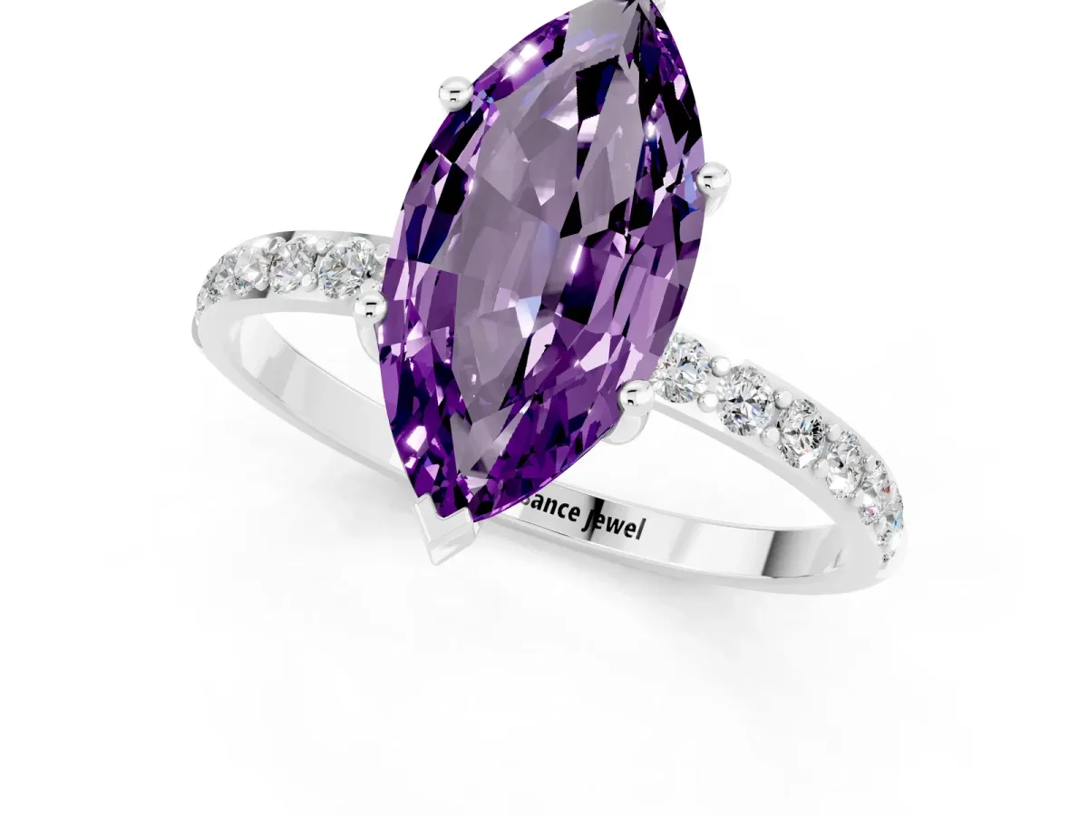 Marquise Cut Amethyst Solitaire Ring with Round Pavé Band and Prong Setting Silver