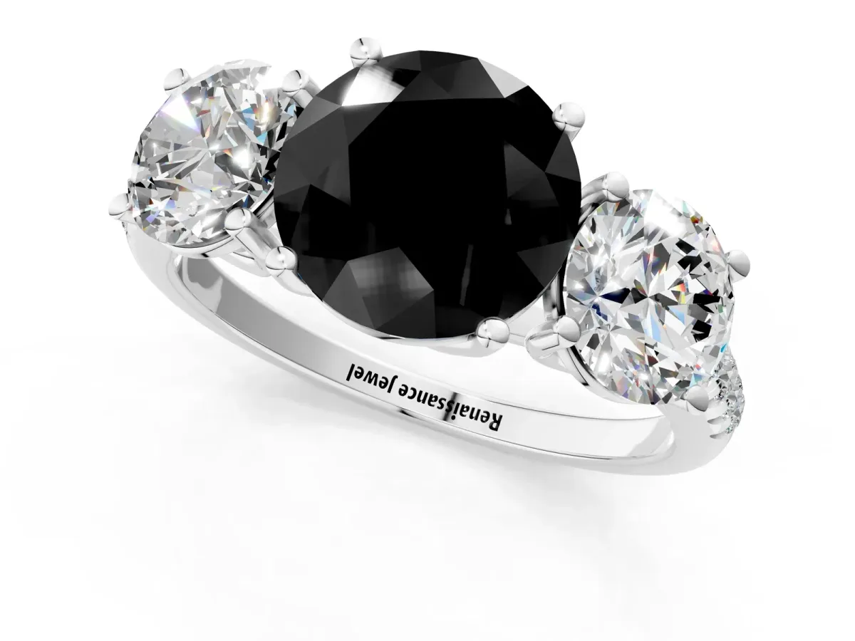 Fancy Black Three-Stone Round Cut Diamond Ring with Round Pavé Band and Prong Setting Platinum