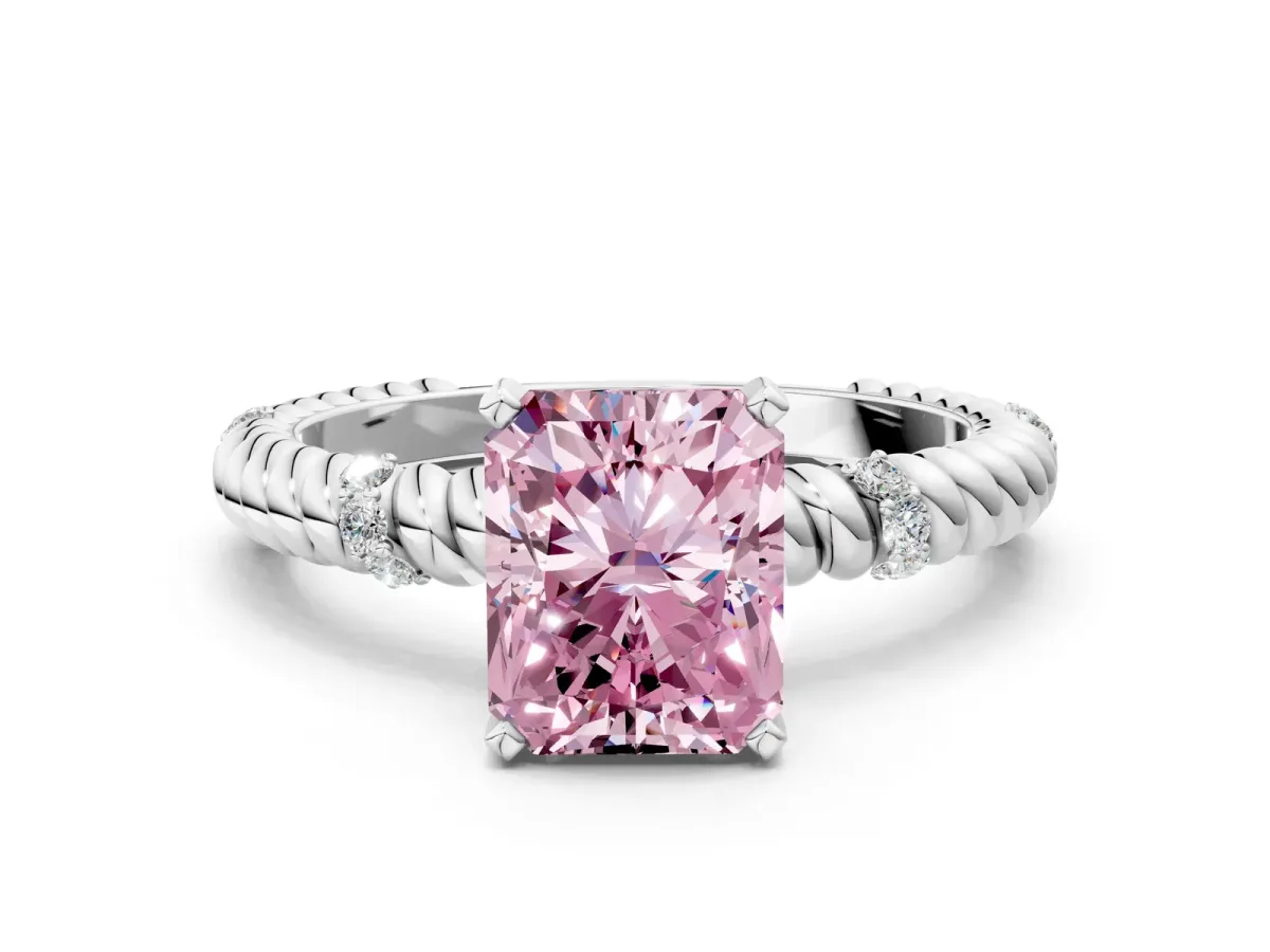 Fancy Pink Radiant Cut Solitaire Twisted Band Prong Set Engagement Ring Silver