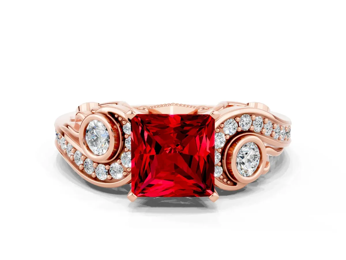 Princess Cut Ruby Solitaire Ring with Milgrain Pavé Band and Four-Prong Setting Rose gold