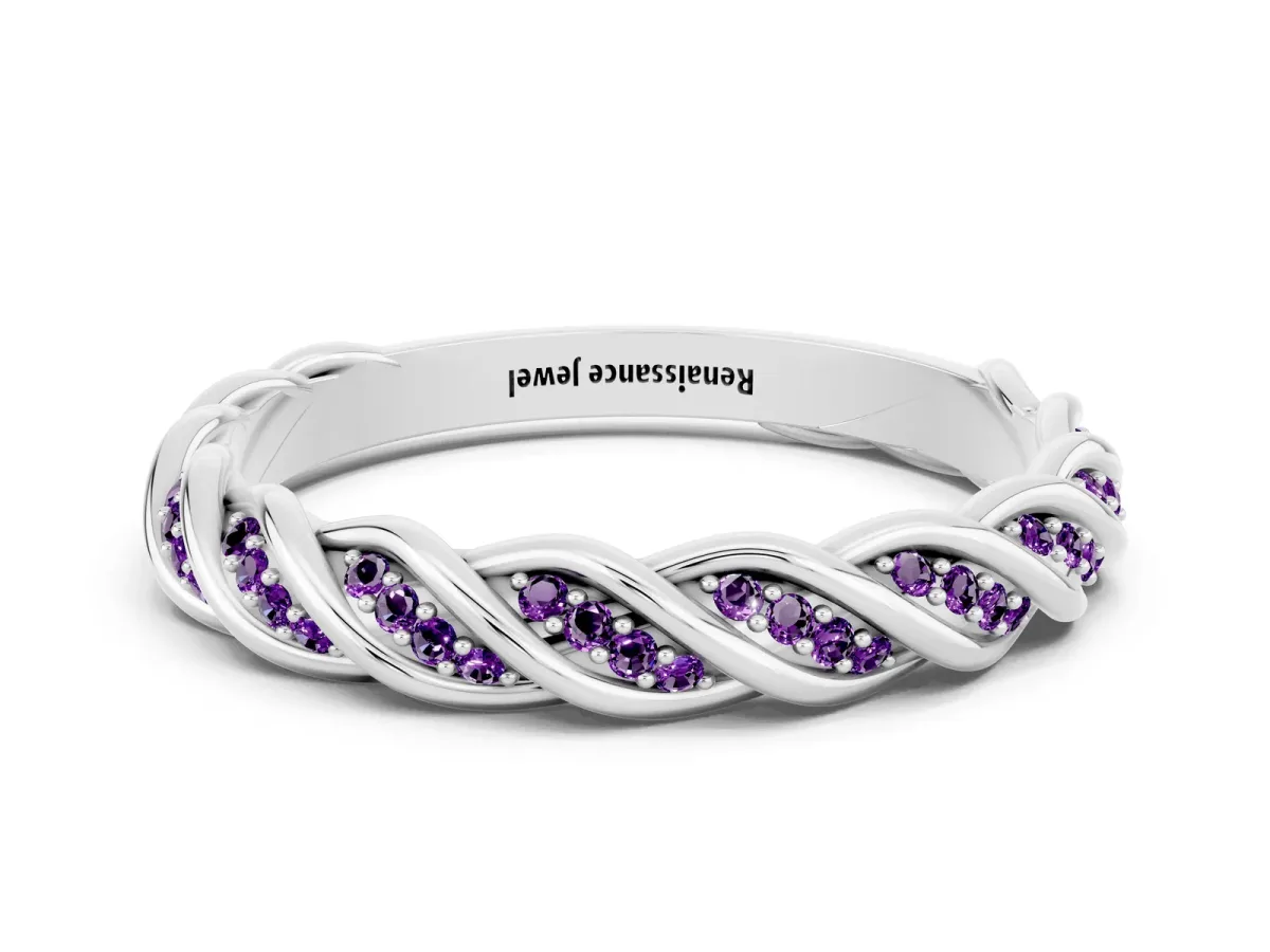 Twisted Pavé Round Amethyst Eternity Band with Shared Prong Setting White gold