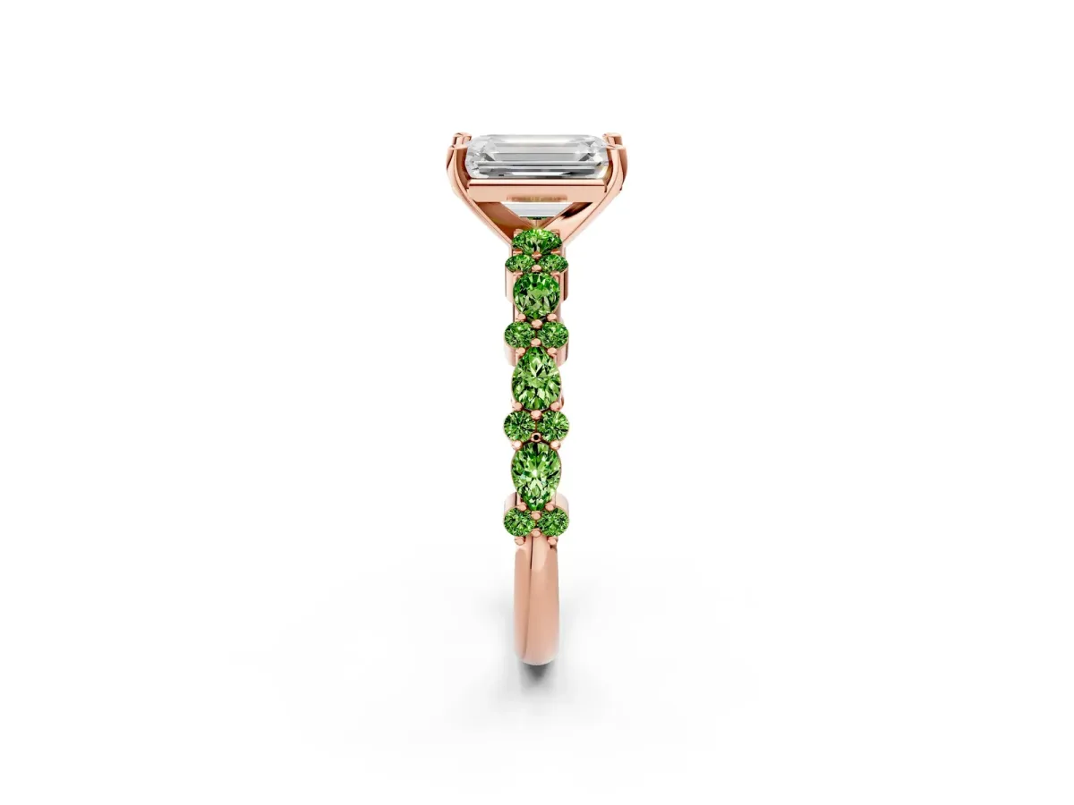 Emerald Cut Diamond Side Stone Solitaire Ring with Round Peridot and Four-Prong Setting Rose gold