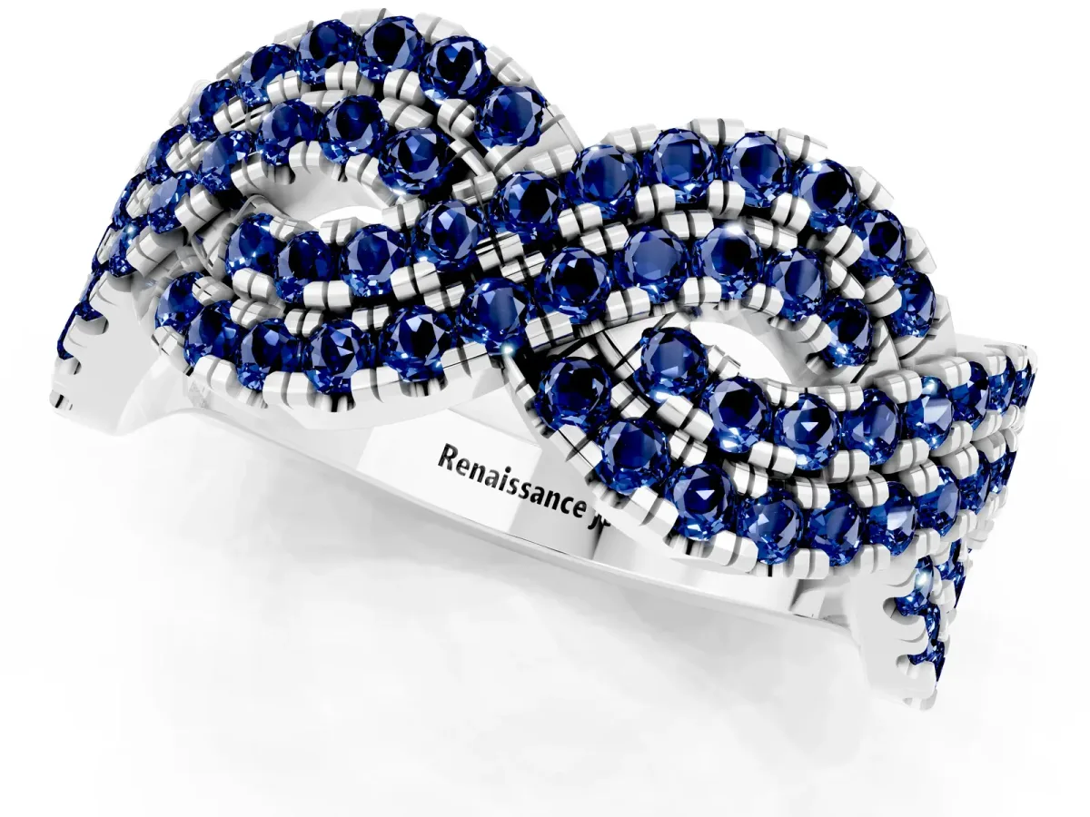 Pavé Round Blue Sapphire Infinity Twist Band with Shared Prong Setting Platinum