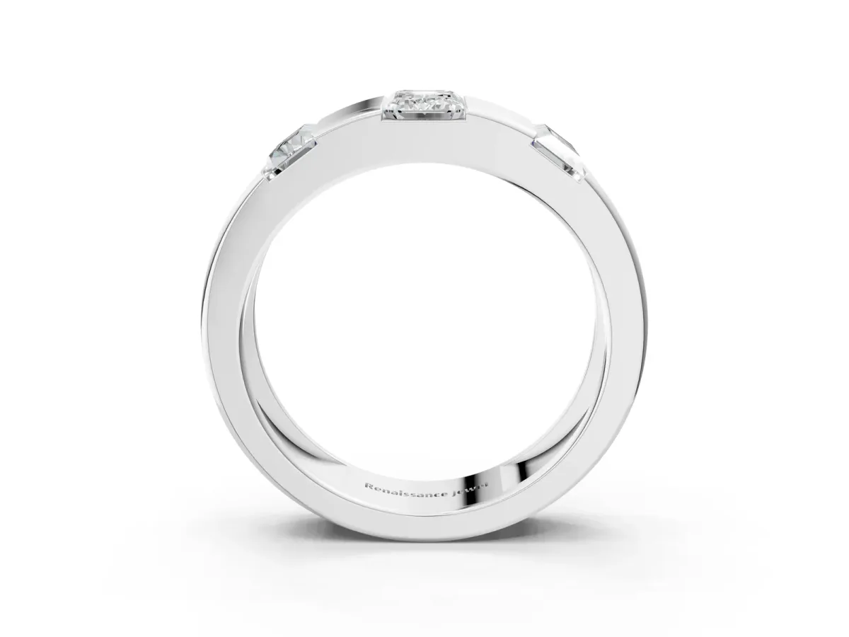 Emerald Cut Diamond Three-Stone Mens Ring with Baguette Side Stones Platinum