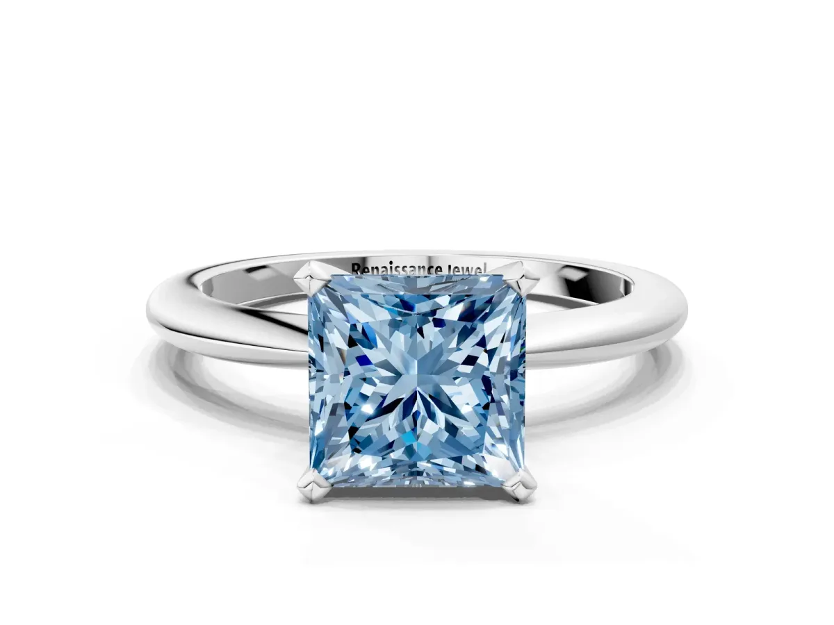 Fancy Blue Princess Cut Diamond Solitaire Ring with Six-Prong Setting and Classic Band Silver