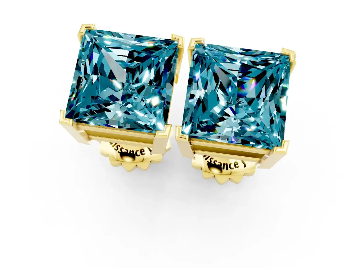 Princess Cut Blue Topaz Stud Earrings Yellow gold