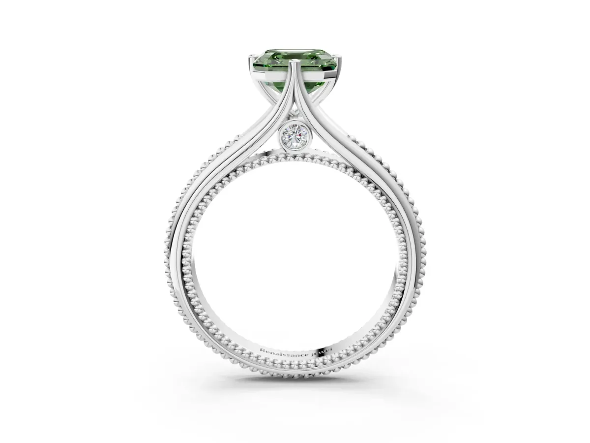 Fancy Green Asscher Cut Solitaire Beaded Band Six-Prong Setting Platinum