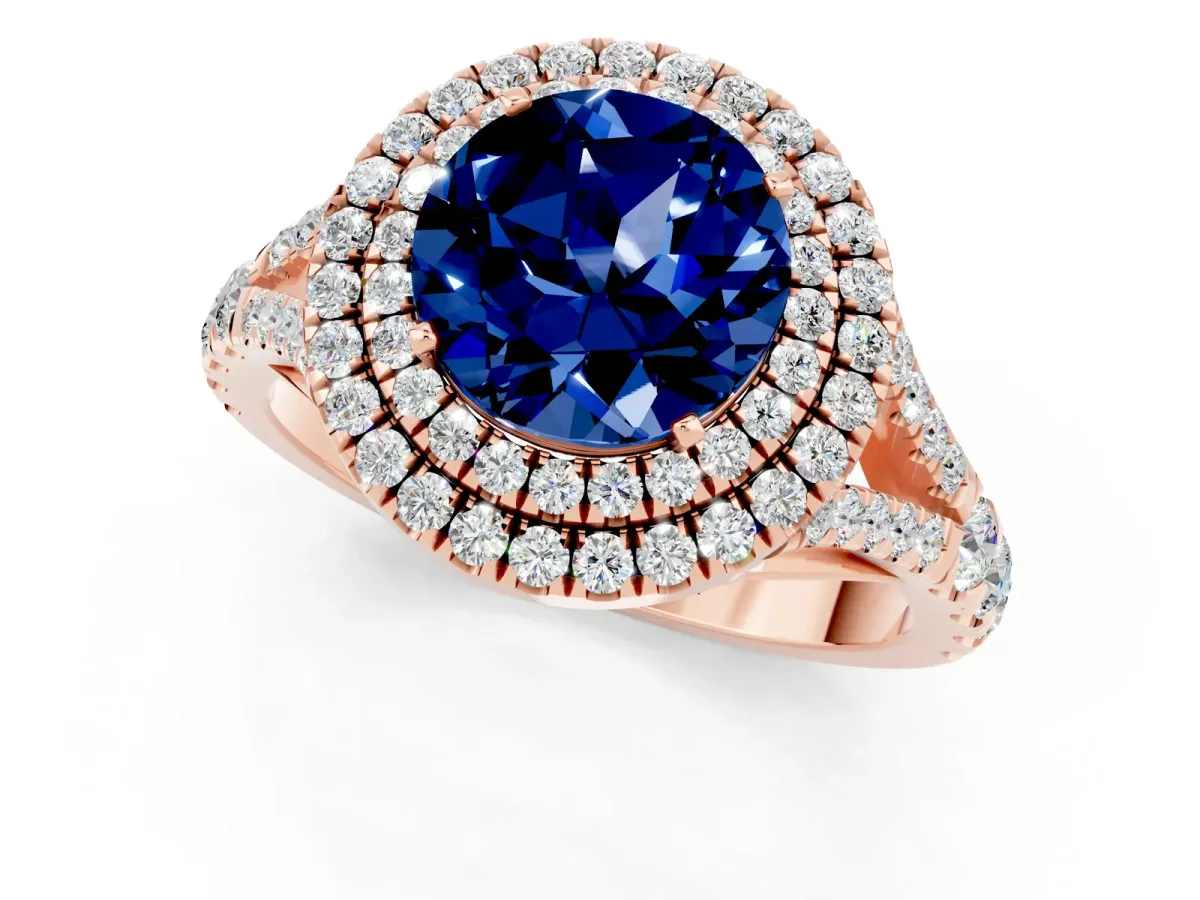 Round Cut Blue Sapphire Double Halo Ring with Split Shank and Prong Setting Rose gold