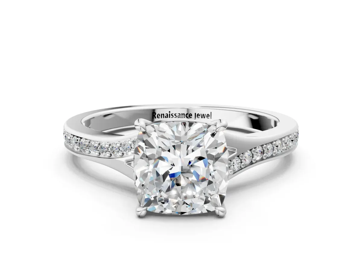 Cushion Cut Diamond Solitaire Ring with Pavé Band and Prong Setting Silver