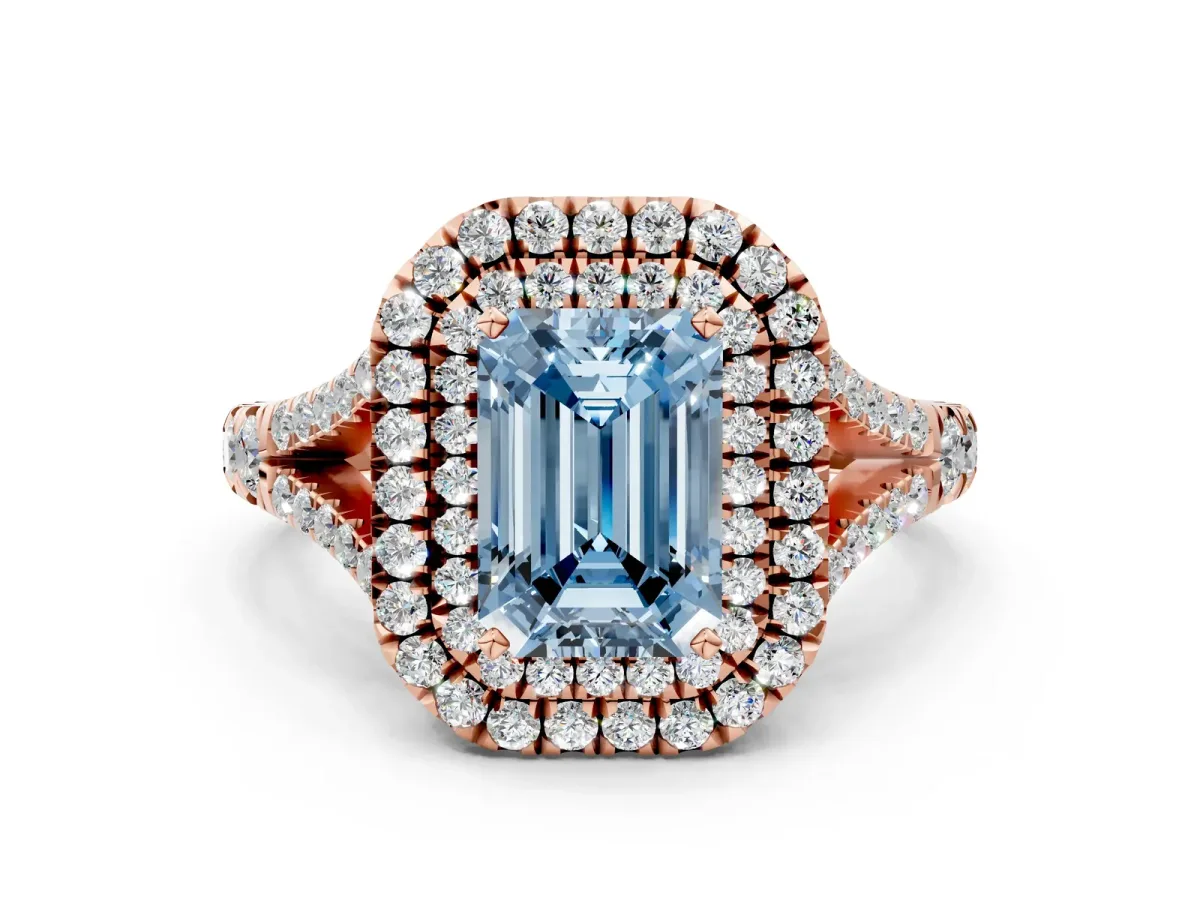 Fancy Blue Emerald Cut Diamond Double Halo Ring with Split Shank and Prong Setting Rose gold