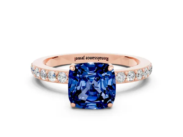 Cushion Cut Blue Sapphire Solitaire Engagement Ring with Pavé Band and Four-Prong Setting Rose gold