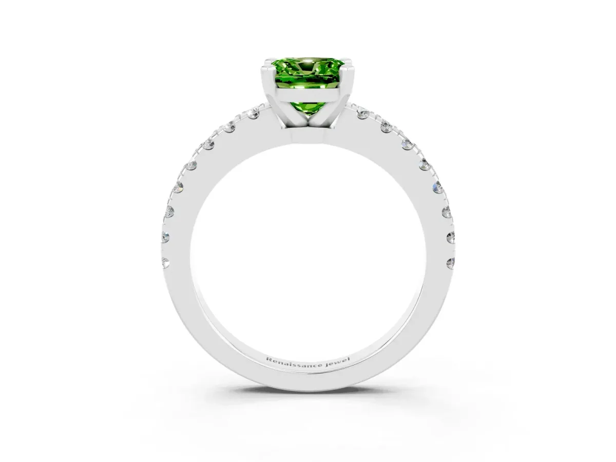 Cushion Cut Solitaire Peridot with Pavé Band and Four-Prong Setting Silver