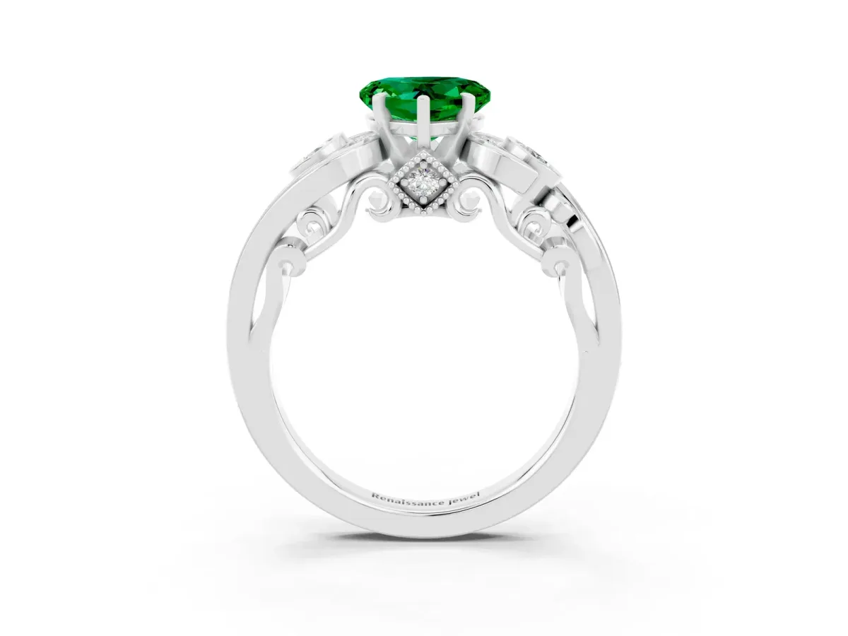 Heart Cut Emerald Solitaire Ring with Milgrain Pavé Band and Four-Prong Setting Silver