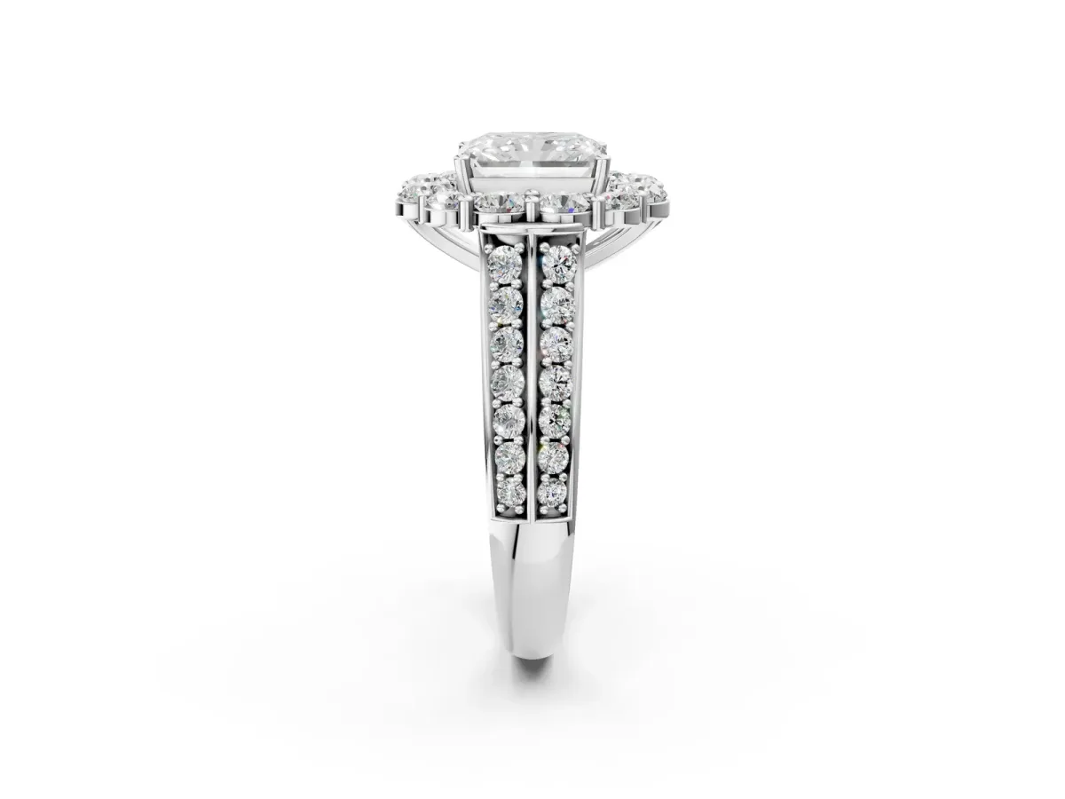 Radiant Cut Halo Diamond Engagement Ring with Split Shank and Prong Setting Platinum