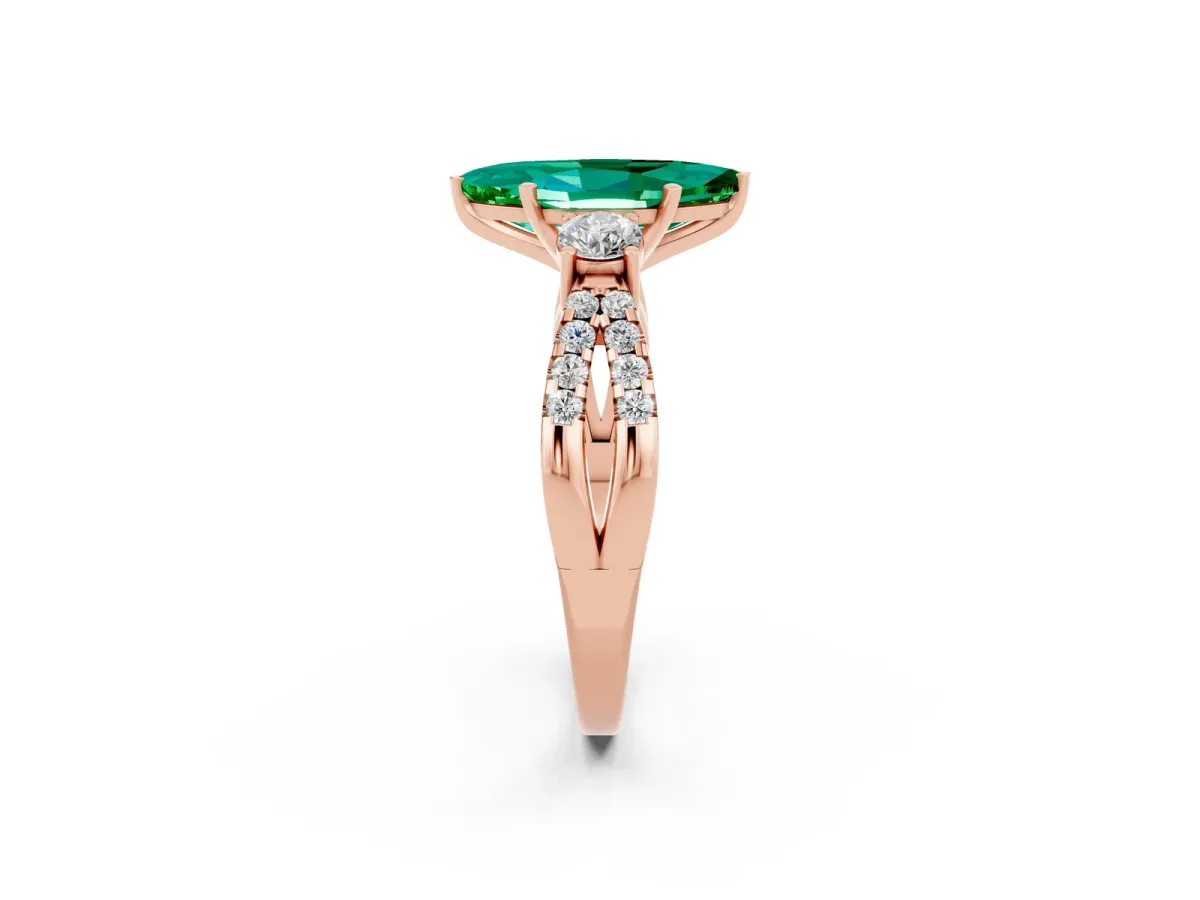 Marquise Cut Emerald Three-Stone Ring with Pavé Split Shank and Four-Prong Setting Rose gold
