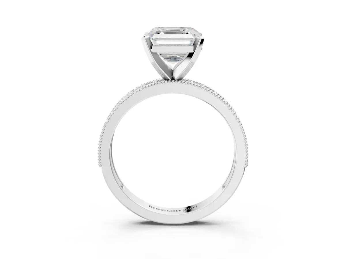 Asscher Cut Diamond Milgrain Pavé Engagement Ring with Four-Prong Setting Platinum