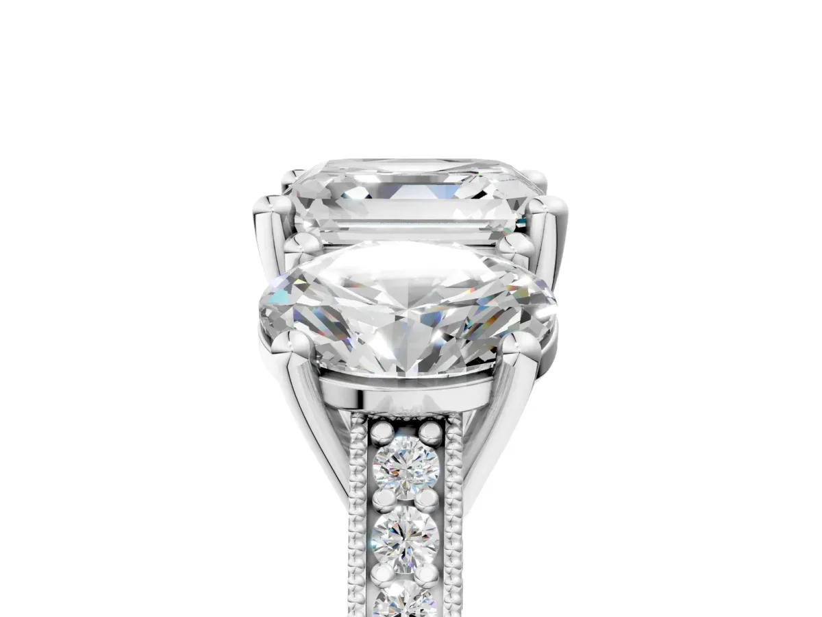 Three-Stone Asscher Cut Diamond Milgrain Pave Band with Prong Setting Platinum