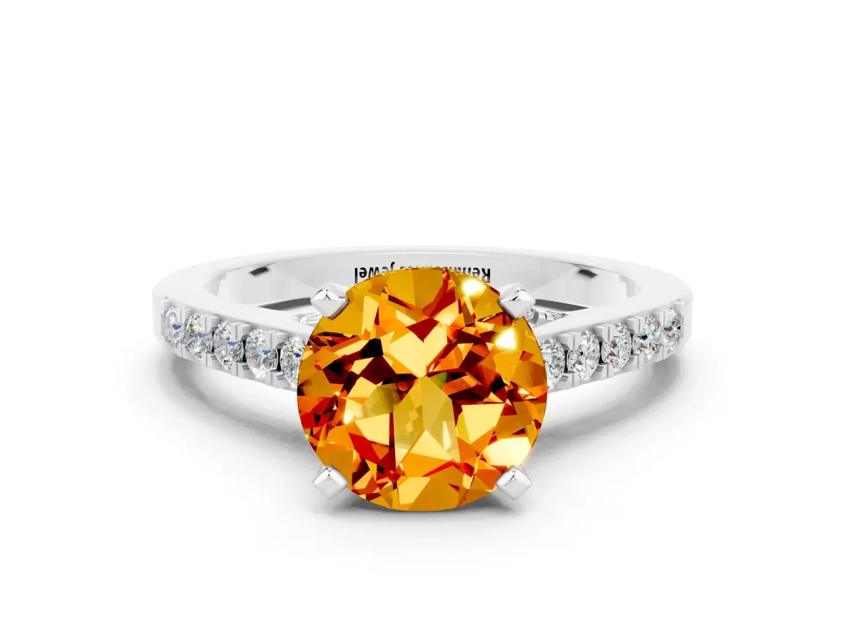 Round Cut Citrine Solitaire Ring with Crossover Gallery and Round Pavé Band Silver