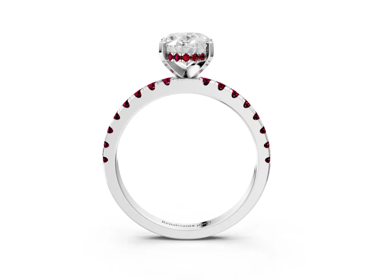 Oval Cut Diamond Solitaire Ring with Round Garnet Pavé Band and Four-Prong Setting Silver