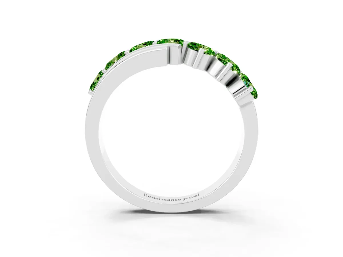Round Peridot Wave Band with Channel and Shared Prong Setting Platinum