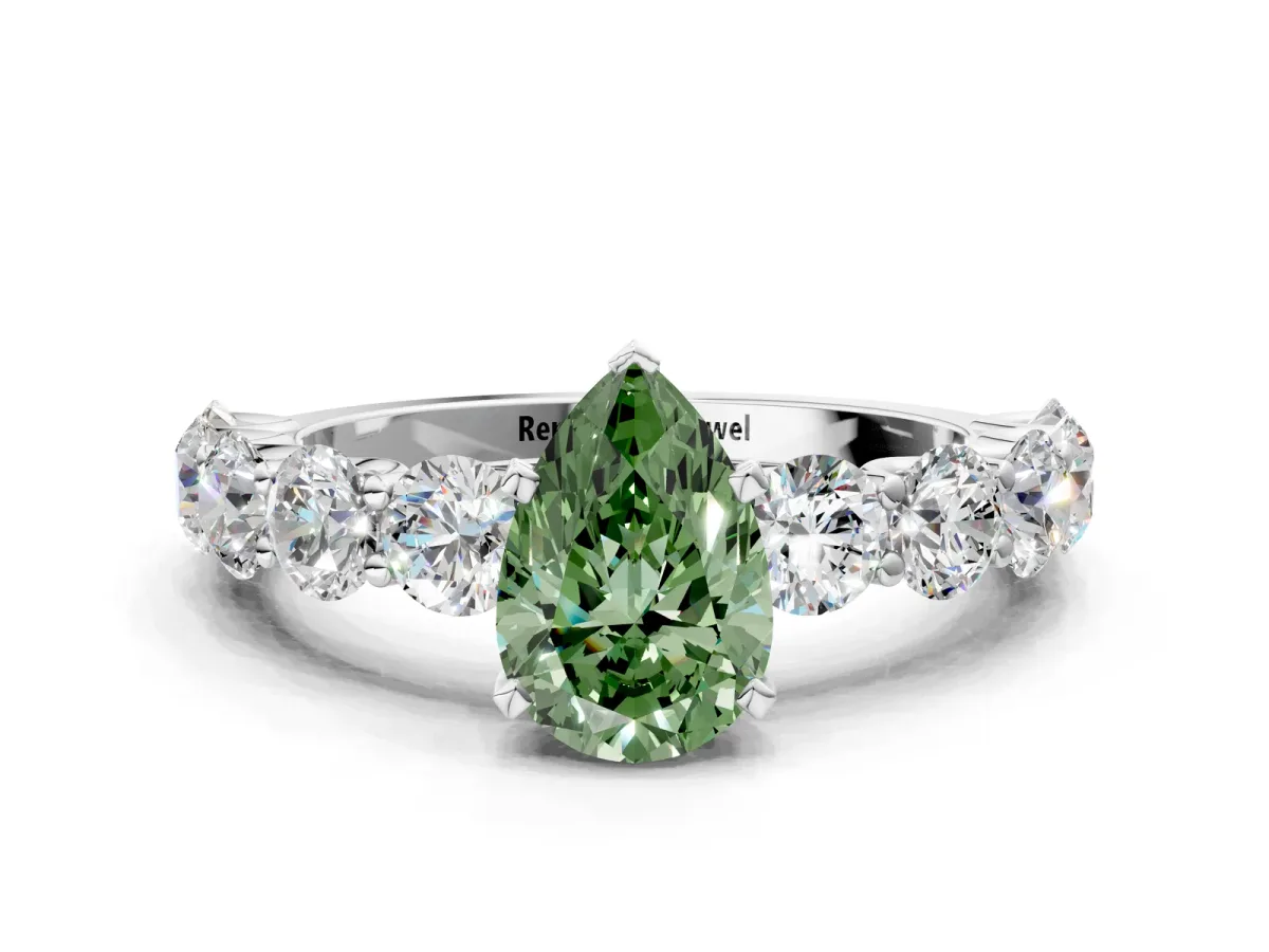 Fancy Green Pear Cut Diamond Prong Setting with Side Stones on a Pave Band Silver