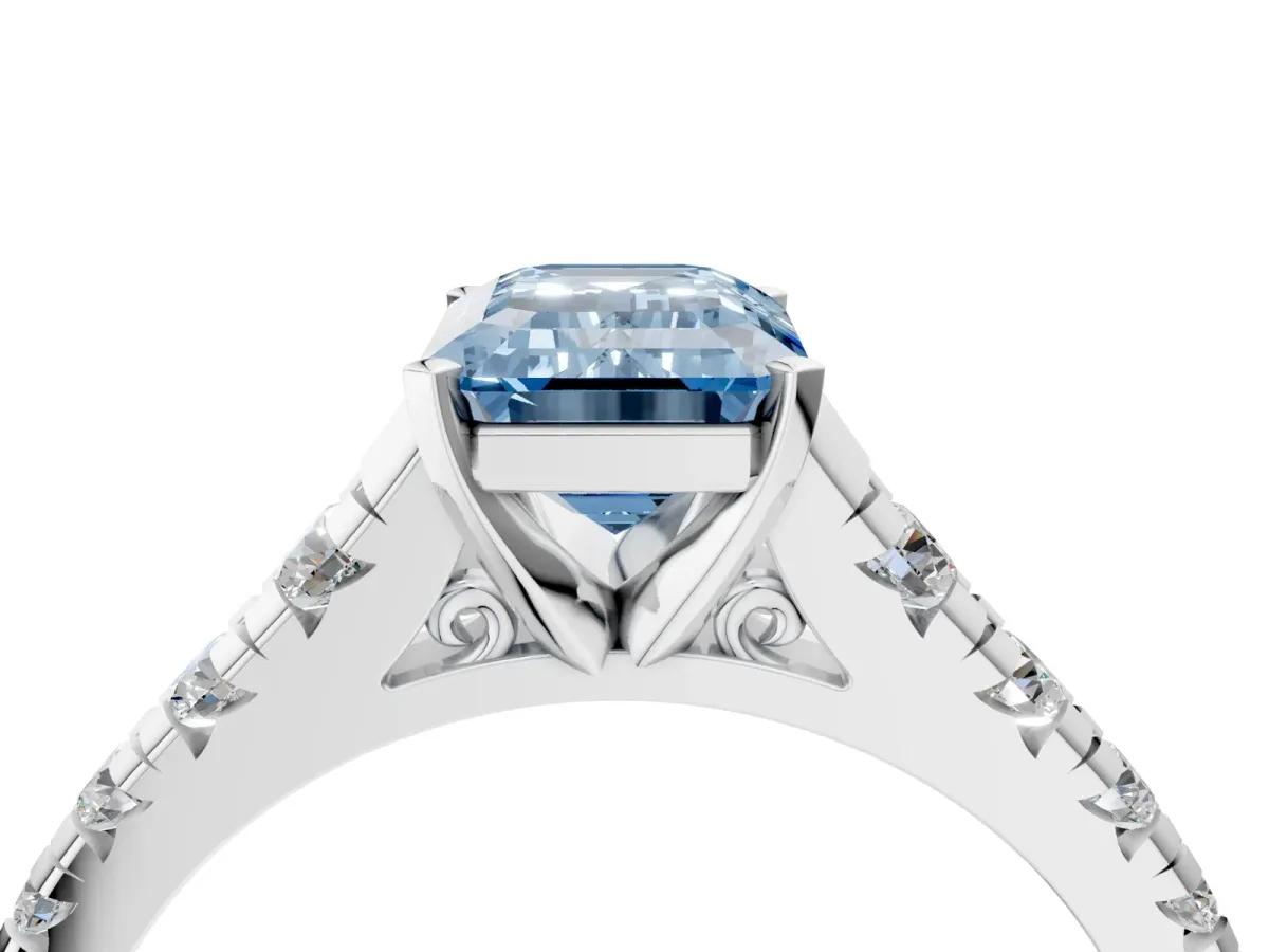 Fancy Blue Emerald Cut Diamond Cathedral Solitaire Ring with Round Pavé Band Silver