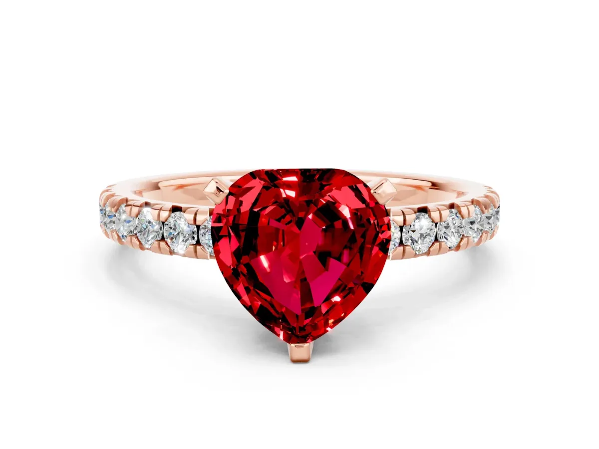 Heart Cut Ruby Solitaire Pavé Engagement Ring with Round Band and Prong Setting Rose gold