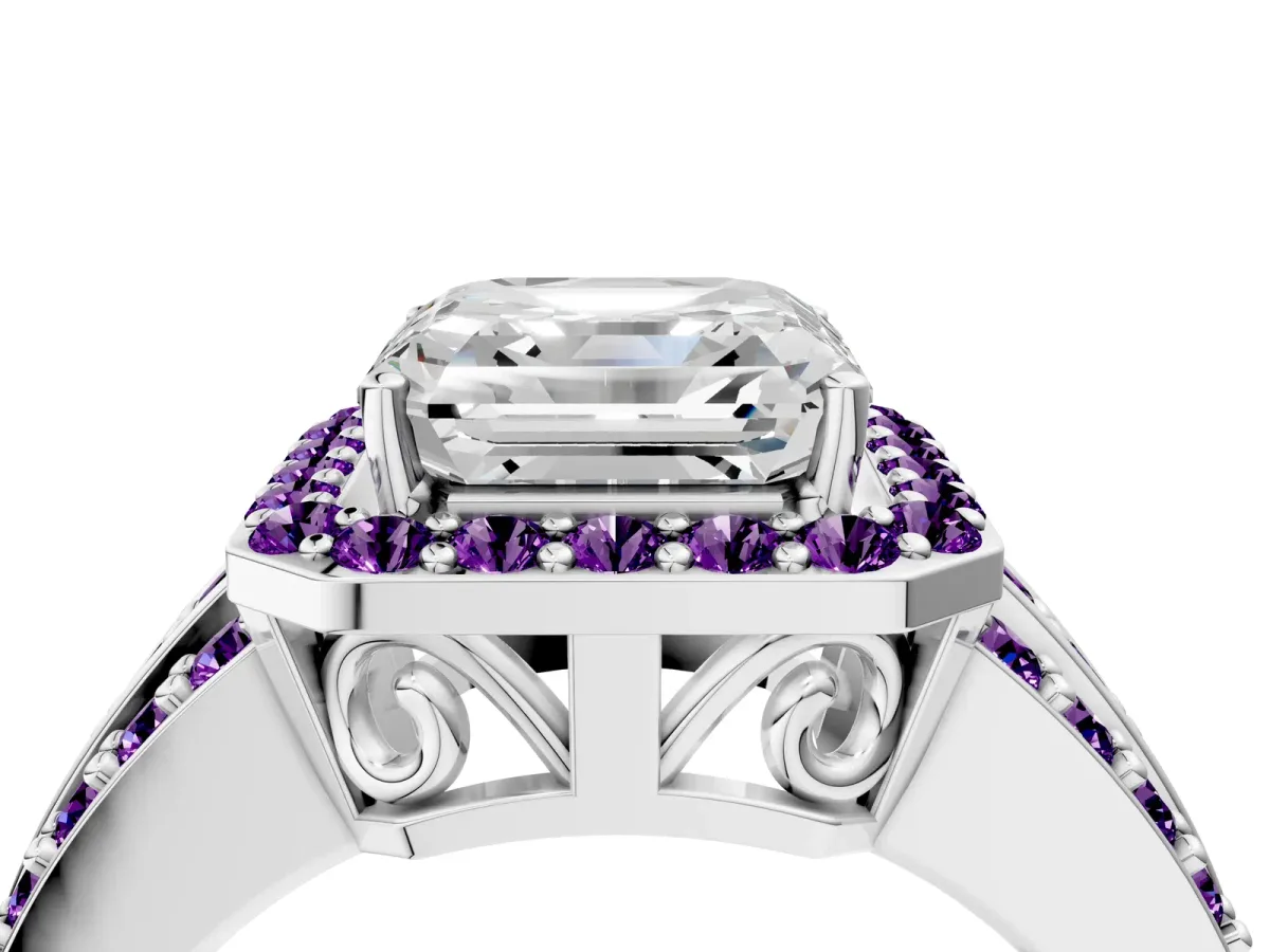 Asscher Cut Halo Diamond Ring with Round Amethyst Split Shank and Prong Setting Silver