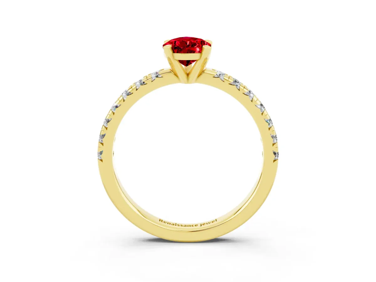 Pear Cut Ruby Solitaire Pavé Engagement Ring with Round Band and Prong Setting Yellow gold