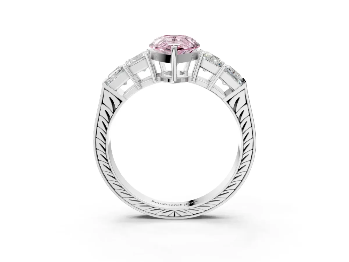 Fancy Pink Pear Cut Solitaire Princess Side Stone Engraved Band Prong Setting Ring White gold